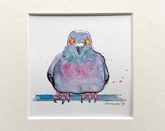 Goofy Pigeon ‘Seething’ watercolour painting  - Original pen & ink drawing, watercolor 8" x 8" gift, funny quirky pigeon/dove illustration