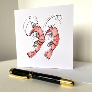 Garnalenkaart "Garnalenvrienden" - van een origineel aquarelschilderij van een paar roze garnalen, grappige verjaardagskaart, cartoon vriendschapskaart