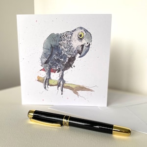 Biglietto d'arte con pappagallo cenerino africano - da un dipinto originale a inchiostro e acquerello, divertente biglietto di auguri, biglietto di compleanno/biglietto/ringraziamento vuoto all'interno