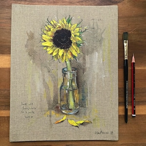 Sunflower - Still life oil painting on unbleached canvas - burnt orange & yellow flower - floral still life, ink sketch with oil