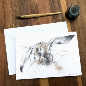 Hare Greetings card A5, from 'Charcoal Hare' one of my original watercolour & ink illustrations, Rabbit, Hares, Bunny Bunnies animal cards