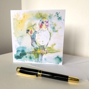 Nymphensittich Kunst-Grußkarte - von einer originalen Tusche- & Aquarellzeichnung von einem Nymphensittich-Paar, Geburtstag/Notizlet/Danke leer innen