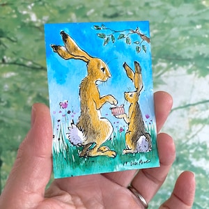 Haas schilderij 'Reik naar de sterren' Originele ACEO-inkttekening/aquarel 2,5 x 3,5 inch ATC in montage 6 x 4 inch leuk cadeau aquarelillustratie