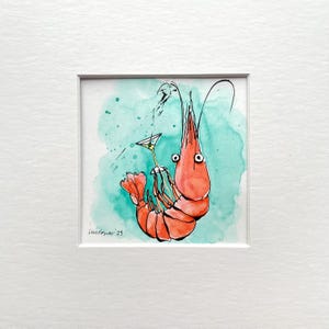 Cóctel de gambas n.º 01: dibujo cómico original de gambas en pluma y tinta, divertida acuarela (20 x 20 cm), ilustración de dibujos animados.