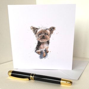 Cartão de cumprimentos da arte do Yorkshire Terrier de uma pintura em tinta e aquarela de um aniversário/notelet/obrigado de Yorkie em branco dentro