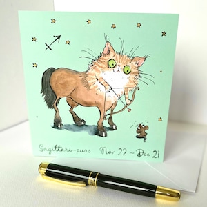 Lustige Sternzeichen Katze Karte von meinem handgemalten Aquarell, Horoskop Sternzeichen Geburtstagskarte, Bogenschütze Zentaur Katze mit Pferdekörper