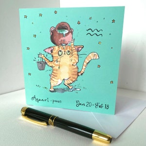 Aquário - Cartão engraçado do gato do zodíaco da minha aquarela pintada à mão, Cartão de aniversário do signo do horóscopo, Aquário, o gato carregando água