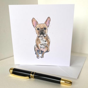 Tan & weiße Frenchie Art Grußkarte von einer Tinten- und Aquarellmalerei einer französischen Bulldogge Geburtstag / Notizlet / Danke, die innen leer ist