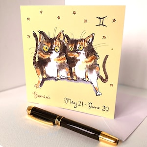 Gemini - Funny Zodiac Cat kaart van mijn originele handgeschilderde aquarel, Horoscoop verjaardagskaart, paar cartoon schildpadkatten