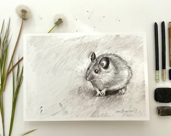 Mouse Artwork - Original sensitive charcoal drawing on paper - A4, 21cm x 29.5cm (8” x 11.6”) gift, wall Art, mice, mouse, cute