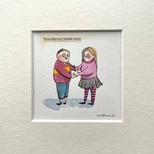 Acuarela original 'You take my breath away' pintura, mini novela de amor, tinta cómica dibujo divertido 4"x4" en 8"x8" acuarela dibujos animados Arte