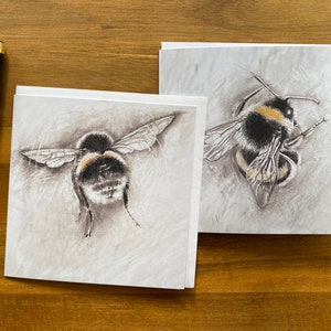 Paar Bumblebee Art-kaarten "Bumblebee bum" en "Bumblebee" - van originele houtskool- en pasteltekeningen van bijen - kleine bundel bijenkaarten