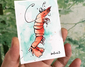 Shrimp ACEO #06 - Original pen & ink Prawn drawing, watercolour painting - ATC gift watercolor funny crustacean cartoon illustration