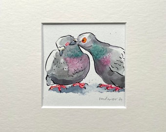 Dipinto ad acquerello Goofy Pigeon 'Smooching' - Disegno originale a penna e inchiostro, regalo acquerello 8" x 8", divertente illustrazione eccentrica di piccione/colomba