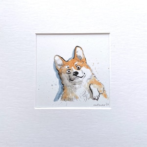 Cuadro de Corgi «Corgi Love». Obra original en tinta y acuarela de 20 x 20 cm. Regalo de acuarela de Corgi. Ilustración de un lindo perro de dibujos animados. Arte de Corgi.