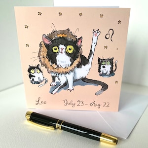 Lion - Carte drôle de chat du zodiaque de mon aquarelle originale peinte à la main, carte d'anniversaire d'horoscope, chat avec une crinière de lion et chatons