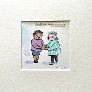 Acuarela original 'Clasped Hands' pintura mini novela de amor y amistad, lindo dibujo divertido de tinta 4"x4" en 8"x8" dibujos animados de acuarela Arte