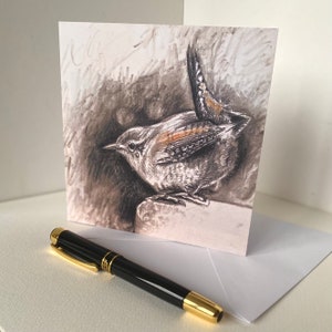 Wren Art card "Wren" van een originele houtskool- en pasteltekening van een klein tuinwinterkoninkje - Blanco binnenzijde van ongeveer 6" vierkante verjaardagskaart/notitieboekje
