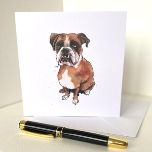 Braune und weisse Boxer Kunst Grußkarte - von original Tusche & Aquarell Malerei eines Boxer Hundes Geburtstag/Notiz/Danke blanko innen