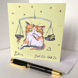 Weegschaal - grappige dierenriem kat kaart van mijn handgeschilderde aquarel, horoscoop sterrenbeeld verjaardagskaart, kat met weegschaal die een vogel vs muis weegt