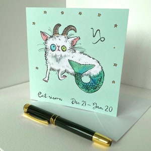 Capricorne - Carte drôle de chat du zodiaque de mon aquarelle peinte à la main, carte d'anniversaire de signe astrologique d'horoscope, chat de Seagoat connu sous le nom de Catricorn