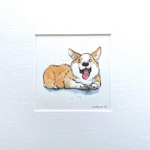 Peinture Corgi « Happy Corgi » Encre originale et aquarelle 20 x 20 cm, cadeau corgi aquarelle oeuvre d'art, illustration de chien mignon dessin animé amusant Corgi Art