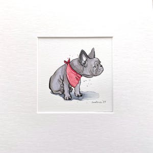 Blue French Bulldog painting ‘Blue Frenchie puppy’ Original ink & watercolour 8" x 8" artwork watercolor frenchie gift, cute frenchie Art