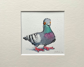 Dipinto ad acquerello Goofy Pigeon 'Forgetting' - Disegno originale a penna e inchiostro, regalo acquerello 8" x 8", divertente illustrazione eccentrica di piccione/colomba