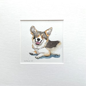 Cuadro de Corgi "Corgi Crazies". Obra original en tinta y acuarela de 20 x 20 cm. Regalo de acuarela de Corgi. Ilustración de un lindo perro de dibujos animados. Arte de Corgi.