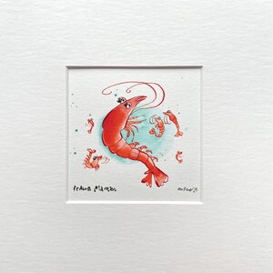 Prawn Maman #01 - Dibujo cómico original de camarones en pluma y tinta, divertida acuarela - Acuarela de regalo de 20 x 20 cm, ilustración de dibujos animados
