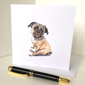 Carte de voeux artistique carlin fauve à partir d'une peinture à l'encre et aquarelle d'un anniversaire/carnet de remerciement blond carlin vierge à l'intérieur