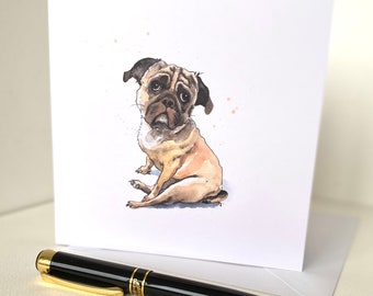 Fawn Pug Art Greetings card from an ink and watercolour painting of a Blonde Pug Birthday/Notelet/Thank you blank inside