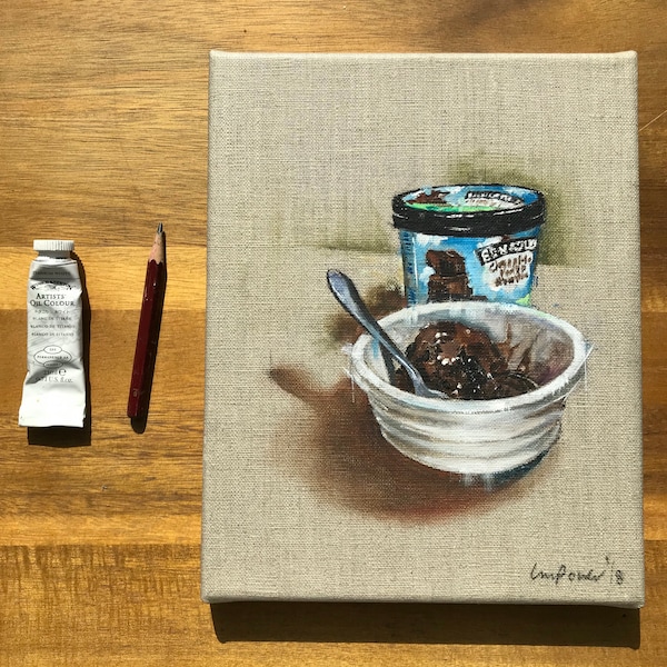 Ben and Jerry’s - still life oil painting of chocolate ice cream in a white bowl, on natural linen canvas, pencil sketch and oils