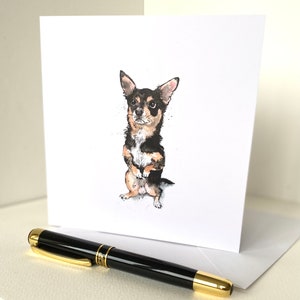 Cartão de cumprimentos chihuahua preto e castanho-tinta caprichosa e aquarela pintura de cachorro cartão de aniversário notelet/obrigado em branco dentro
