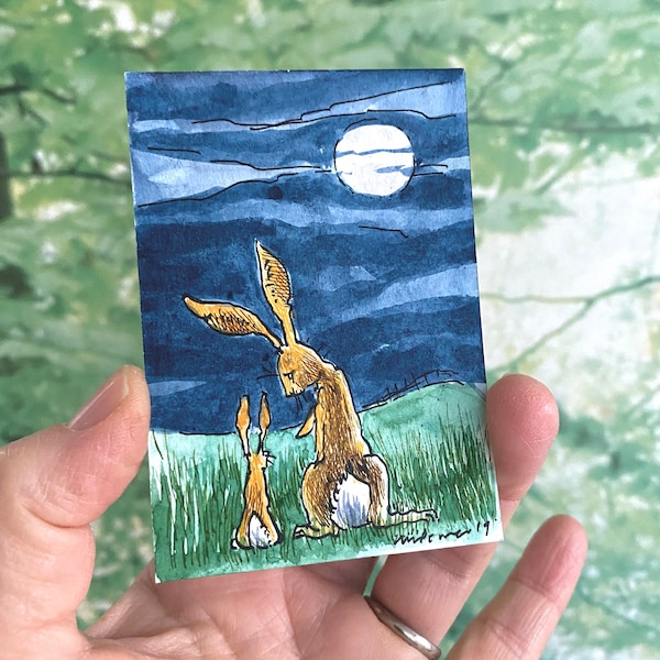 Hare painting ‘Reach for the stars’ Original ACEO ink drawing/watercolour 2.5” x 3.5” ATC in 6" x 4" mount cute gift watercolor illustration