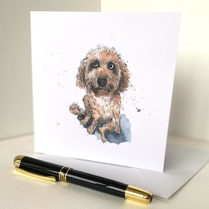 Carte de voeux Cockerpoo rouge - Encre fantaisiste et peinture de chien cockerpoo à l'aquarelle Carte d'anniversaire Notelet/Merci vierge à l'intérieur