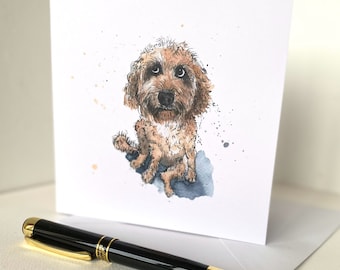 Red Cockapoo Greetings card - Whimsical ink and watercolour cockerpoo dog painting Birthday card Notelet/Thank you blank inside