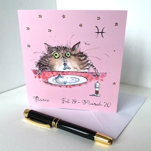Poissons - carte drôle de chat du zodiaque - d'une peinture à l'aquarelle originale peinte à la main, carte d'anniversaire d'horoscope, chat et poisson caricaturés de bande dessinée