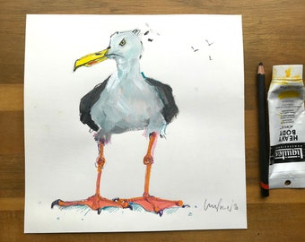 Seagull painting ‘Seagull Grumps’ - Original mixed media Artwork - approx 24 x 25 cm funny gift, herring gull, cartoon illustration