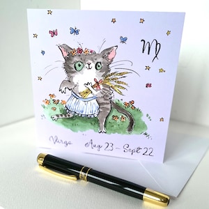 Virgo - Lustige Sternzeichen Katze Karte von meiner originalen handgemalten Aquarell Horoskop Sternzeichen Geburtstagskarte, Jungfer Katze mit einer Weizengarbe!