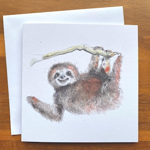 Happy Sloth Art-kaart, van een origineel schilderij met inkt en aquarel, leuke, eigenzinnige wenskaart, blanco binnenkant verjaardag/notitie/bedankt