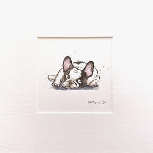 French Bulldog painting ‘Pied Frenchie’ Original ink & watercolour 8" x 8" artwork watercolor frenchie gift, cute dog french bulldog Art
