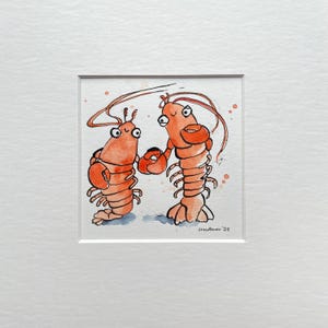 Arte de langosta: dibujo cómico original de langosta en pluma y tinta, divertida acuarela - Acuarela de regalo de 20 x 20 cm, ilustración de dibujos animados.