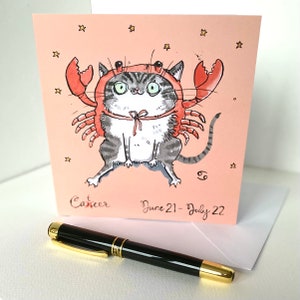 Cancer - Sternzeichen Katze Karte von meinem original handgemalten Aquarell, Horoskop Geburtstagskarte, Katze verkleidet als Krabbe