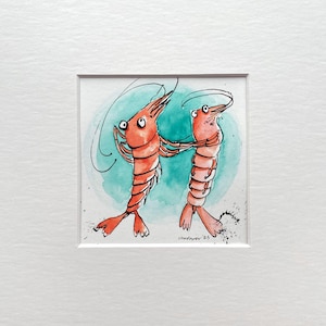 Prawn Jive - Dibujo cómico original de camarones en pluma y tinta, divertida acuarela - Acuarela de regalo de 20 x 20 cm, ilustración de dibujos animados de camarones