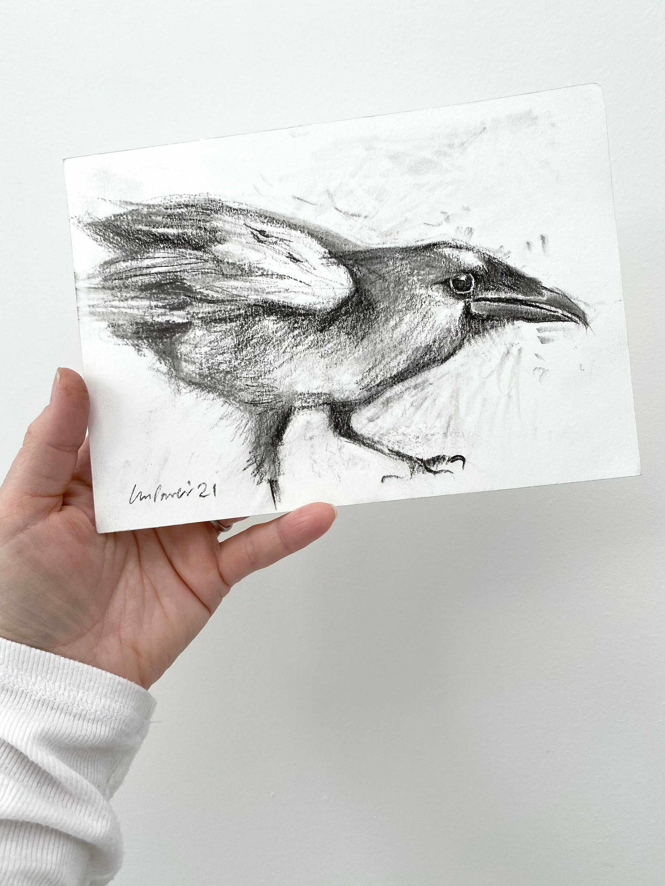 Raven #05 Charcoal drawing on paper - A5 148mm x 210mm Original matted Artwork - Black & white wall Art Jackdaw gift, cute corvid bird, crow