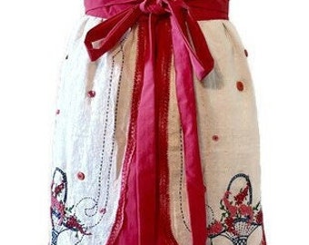 Dark Pink Embroidered Dresser Scarf Half Apron - One Size