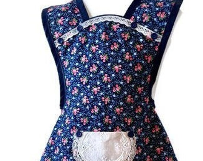 Navy and Coral Floral Old-Fashioned Apron for Girls Fits Sizes 5-6