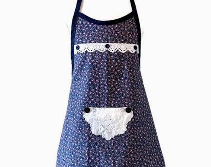 Dusty Pink on Blue Floral Apron for Girls Fits Sizes 5-6