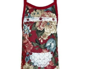 Floral Print Burgundy Apron for Girls Fits Sizes 3-4